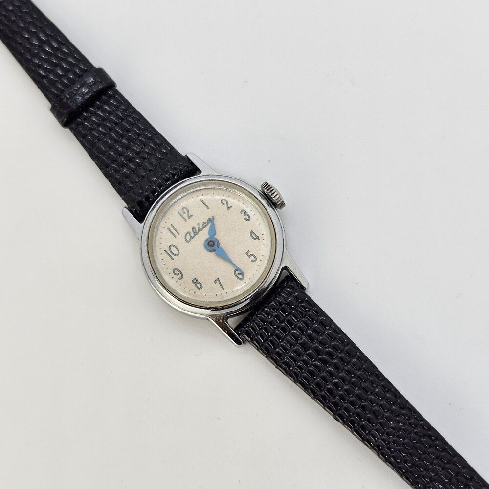 VTG Alice US Time Mechanical Women's Watch Cream Dial 6.5" New Black Lizard Calf